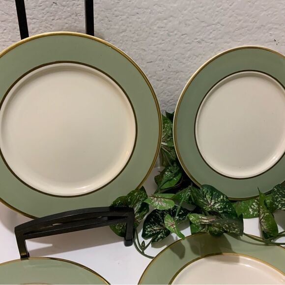 COPY - 4 Dinner Plate Classic Heritage Green Green Band Gold Trim Made in USA  … - Picture 7 of 10